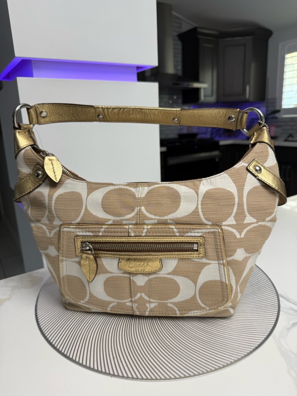 Coach hobo Beige Signature Canvas Shoulder Bag Gold Leather Trim hangtag NWT
